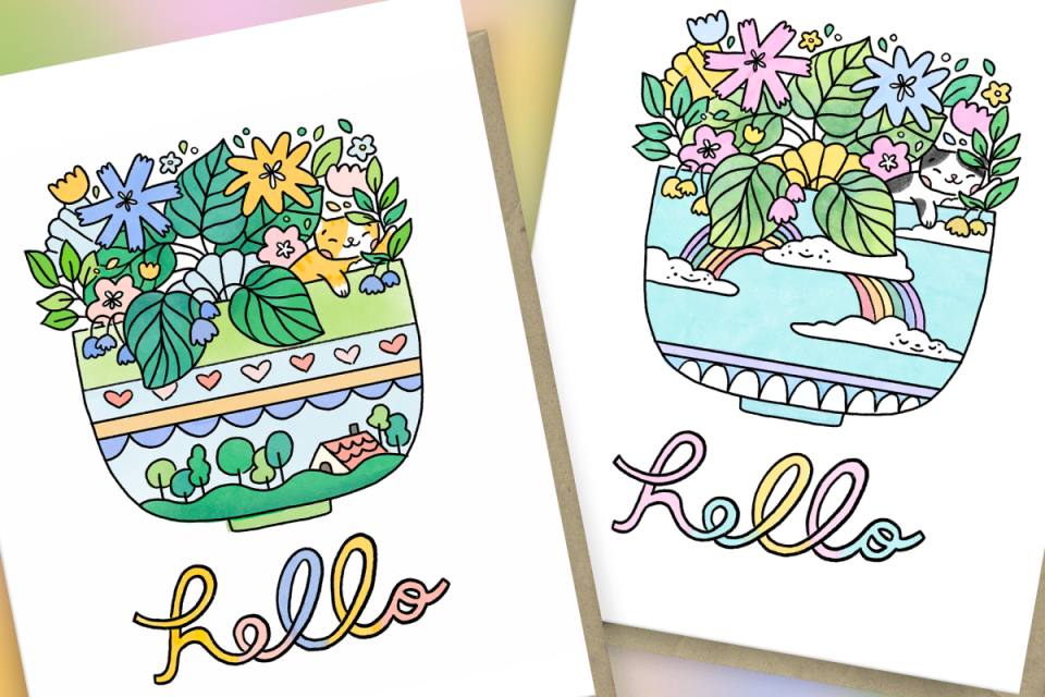greeting cards with the word Hello and vase of flowers
